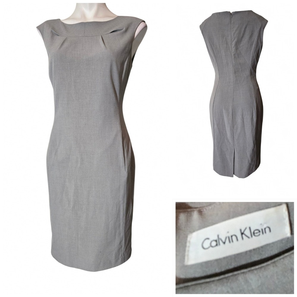 Calvin Klein dress S/4-6 Grey Sleeveless Pleated Boat Neck Sheath office church